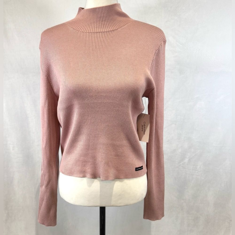 Calvin Klein Jeans dusty rose mock neck ribbed knit sweater size large NWT
